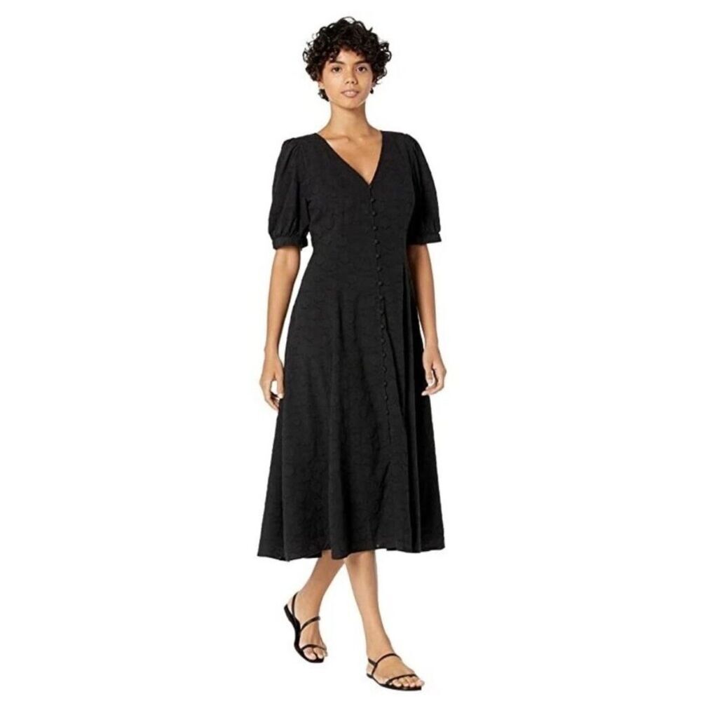 Madewell Floral Jacquard Puff-Sleeve Button Front Midi Dress Size 4 Black Classy